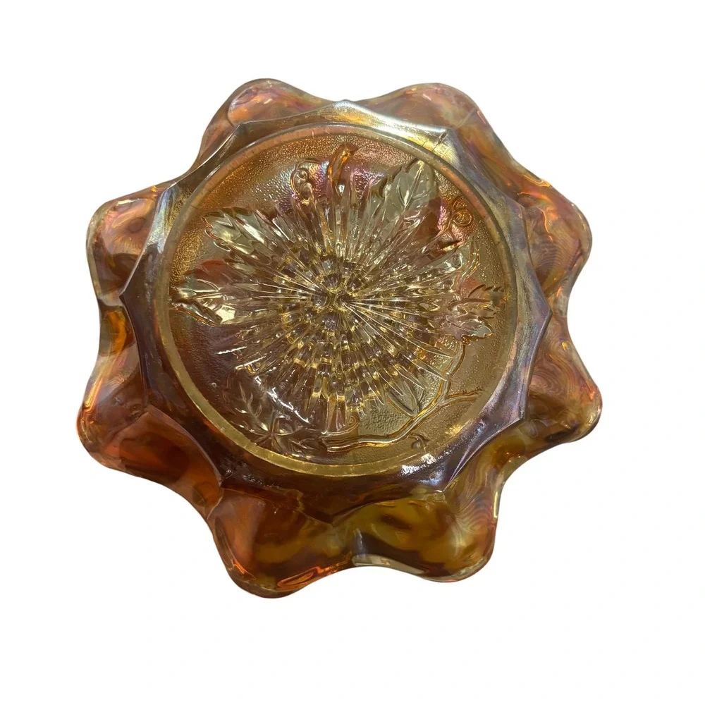 Vintage Marigold‎ Carnival Glass Bowl Grape Cluster Ruffled Edge 6 Inch